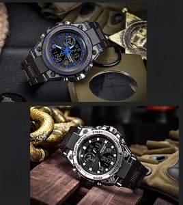 Close-up of SANDA dual-display military watches with shockproof case and 30M water resistance