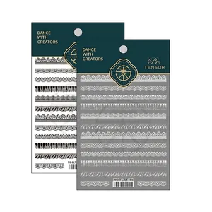 Autocollants pour ongles motifs dentelle et tulle en noir et blanc pour manucure d'art