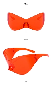 Front and side views of translucent red Y2K futuristic wrap-around sports sunglasses