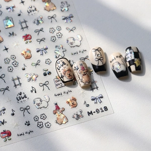 Laser graffiti puppy nail stickers with hand-drawn bows and floral designs M-918