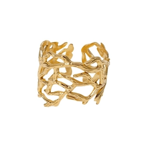 Irregular hollow open wide ring with gold finish and organic branch texture for women