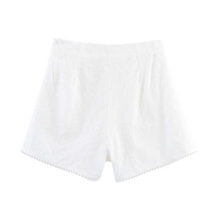 French style white high-waisted lace shorts with elegant paisley embroidery and hollow hem