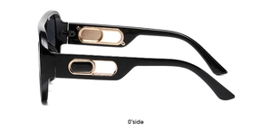Detailed side view of oversized black sunglasses featuring gold oval metal decorations