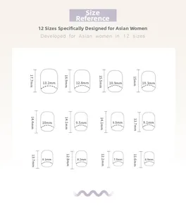 Size reference chart showing 12 precise dimensions in mm for French heart press-on nails