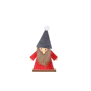 Nordic wooden gnome Christmas ornament with red body, grey hat and white beard on white background