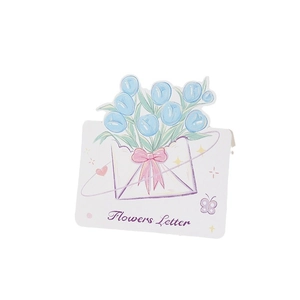 Hand-painted floral greeting card with blue tulips and Flowers Letter text on white back
