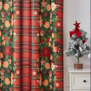 Classic red and green plaid Christmas curtains with festive pine and ginger man patterns