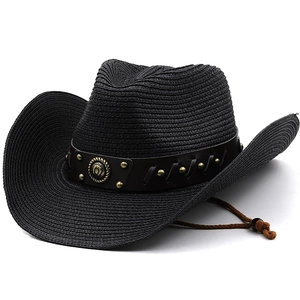 Men's black wide-brim woven straw cowboy hat with leather band and adjustable chin strap