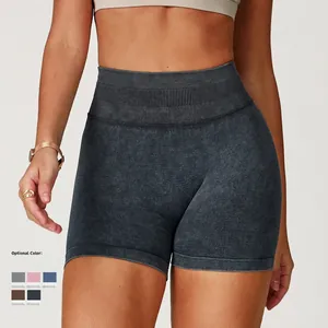 Short de yoga sans couture délavé à l'acide pour femme avec taille haute gainante