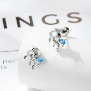 Jellyfish Cartilage Stud Earrings Blue Teardrop Zircon Titanium Steel Copper Screw Back Piercing Jewelry For Women