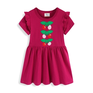 Girls Cotton Dress Cherry Embroidery Ruffle Short Sleeve Summer Casual Princess Skirt For Toddlers