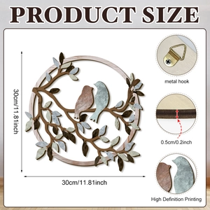 30cm Chickadees Flowers Wreath wooden wall art with dimensions and hanging hook details