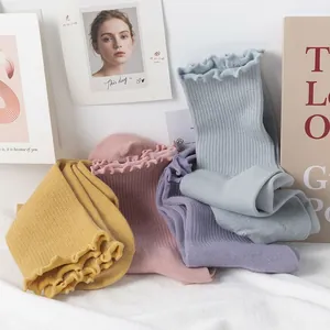 Casual ruffle trim mid-calf knit socks in multiple vintage solid colors for women