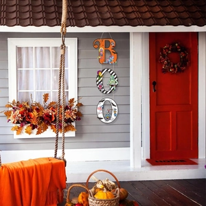 Halloween BOO porch door hanging sign with cartoon zombie and bat decorative elements