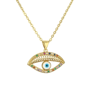 Golden Evil Eye pendant necklace with colorful crystals and blue eye charm on white background