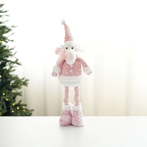 Detailed close-up of a pink sequined Christmas reindeer doll with telescopic legs