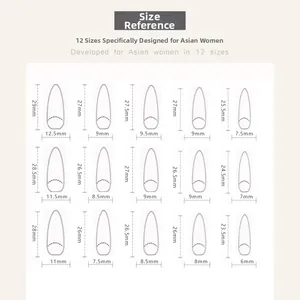 Size chart for heart cat-eye press-on nails showing various lengths and widths in mm