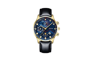 Macro view of blue multi-functional dial with gold case and black leather strap details