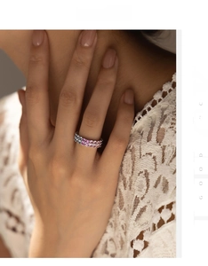 Close-up of S925 silver ring featuring pink and blue double-row staggered gemstone inlay