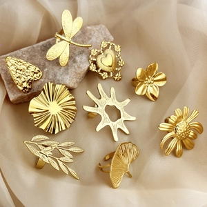 Gold Plated Stainless Steel Adjustable Rings Nature Ginkgo Leaf Dragonfly Heart Flower Minimalist Jewelry For Women