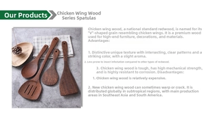 Macro detail of wenge wood kitchen utensils set showing unique natural grain and texture