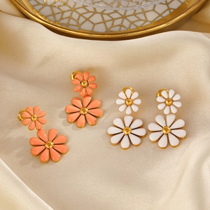 Stainless Steel Double Layer Daisy Flower Drop Earrings Gold Plated Enamel Dainty Floral Jewelry For Women Girls