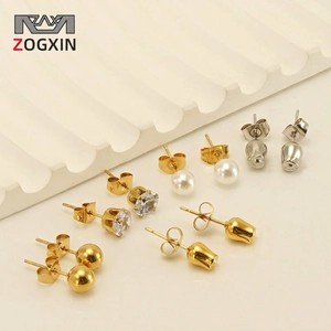 Tulip Rose Artificial Pearl Zircon Metal Ball Stud Earrings Stainless Steel 18K Gold Plated Minimalist Jewelry For Women
