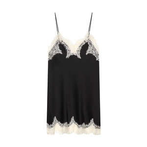 Elegant black satin slip dress with intricate white lace trim and delicate V-neckline