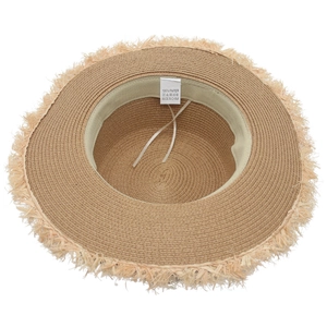 French style straw sun hat for women with frayed edges and interior adjustable strap