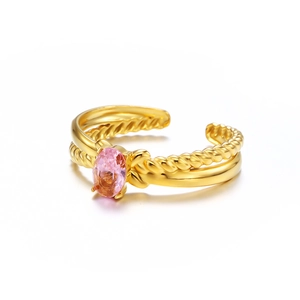 Bague ouverte dorée double couche avec texture torsadée et pierre rose ovale