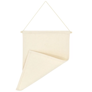 Close-up of a beige canvas pin banner with a wooden pole and triangular folding bottom
