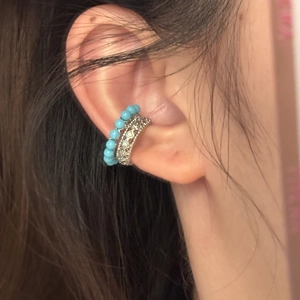 Manchette D'oreille Double Couche Géométrique Creuse Rétro Pour Femmes Avec Perles Bleu Clair Et Zircon Boucle D'oreille