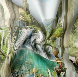 Detailed close-up showing fabric texture and landscape print of a scenic wall tapestry