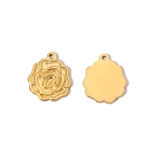 Polished gold stainless steel rose flower pendant showing front relief and smooth back