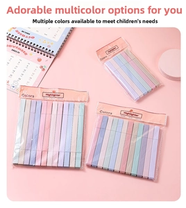 Flat rectangular macaron highlighters in clear packaging with a pink calendar background