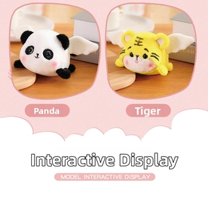 Detail of plush panda and tiger pull-string toys with wings in a cozy desk setting