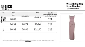 Detailed size chart for the ruched bodycon slip dress with measurements in centimeters