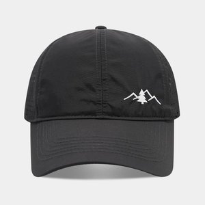 Quick-dry black baseball cap with mountain embroidery and laser-cut ventilation holes