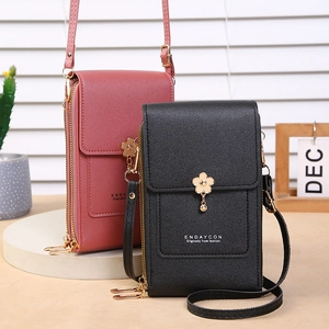 Floral mini crossbody phone bag in black and pink leather with gold hardware