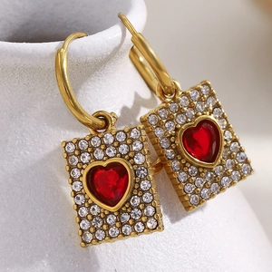Heart Square Plaque Dangle Earrings Stainless Steel 18K Gold Plated Red Zircon Rhinestone Pave Niche Fashion Jewelry Women