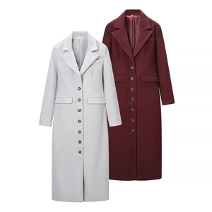 Slim fit long wool coat for women in light grey and wine red with single breasted design
