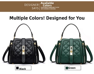 Detail of quilted leather bucket bags in black and dark green with gold hardware