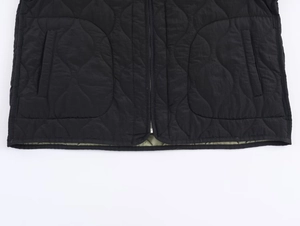 Detail of black quilted jacket hem showing metal zipper and side pocket stitching