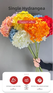 Close-up of vibrant artificial silk hydrangea bouquet held by hand for wedding decoration
