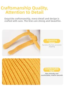 Detail of yellow knit winter hat featuring secure chin straps and soft thermal texture