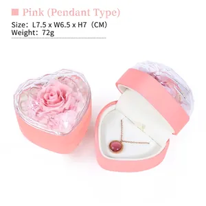 Pink heart-shaped eternal rose jewelry box with pendant necklace, 7.5x6.5x7cm gift box