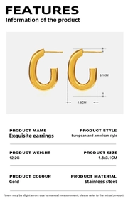 Detailed size chart for 18K gold plated stainless steel chunky oval hoop earrings