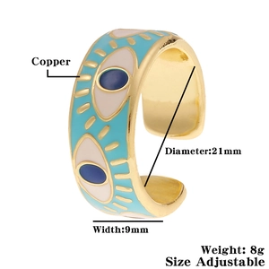 Detailed view of evil eye copper ring with dimensions 9mm width and adjustable size