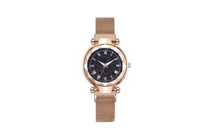 Detail of rose gold mesh watch band with starry sky dial and Roman numerals