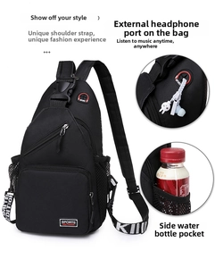 Détail du sac de poitrine en nylon étanche avec port casque et poche latérale en filet